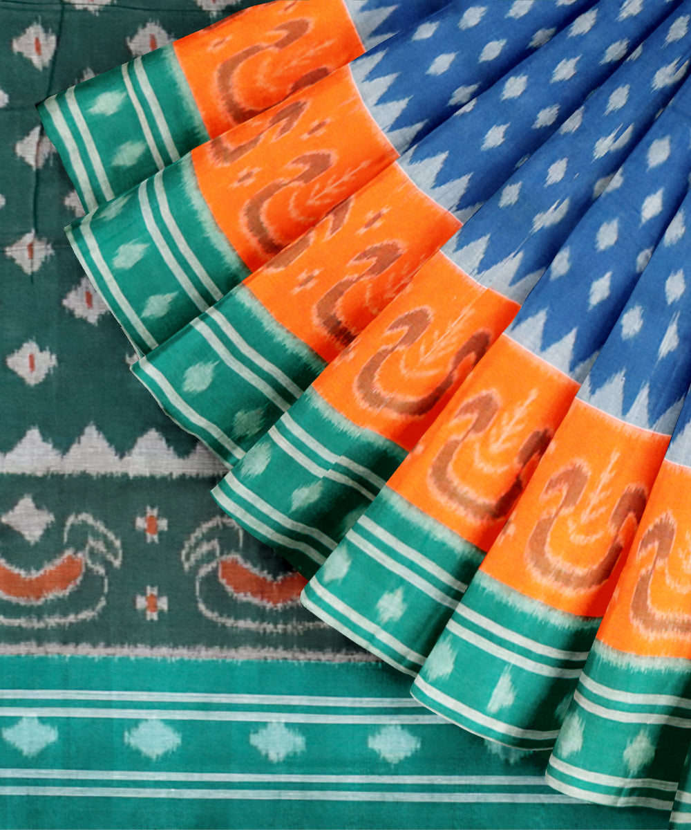 Denim blue dark spring green cotton handloom nuapatna saree