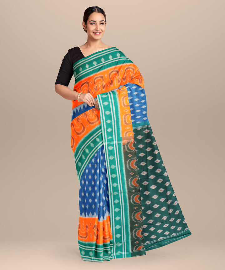 Denim blue dark spring green cotton handloom nuapatna saree