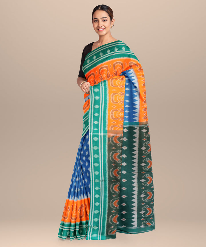 Denim blue dark spring green cotton handloom nuapatna saree