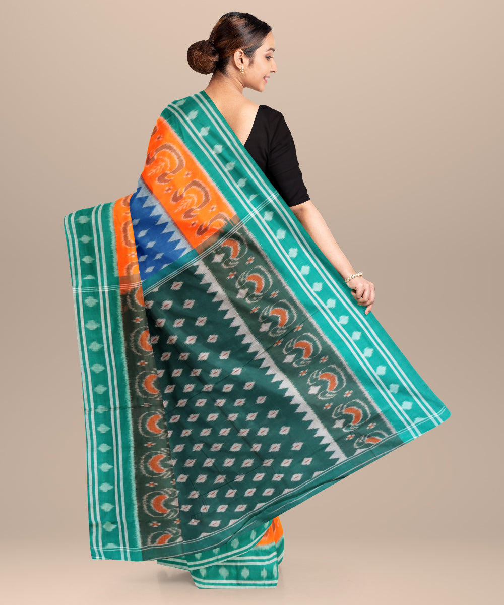 Denim blue dark spring green cotton handloom nuapatna saree