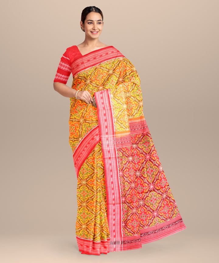 Multicolor dark red cotton handloom sambalpuri saree