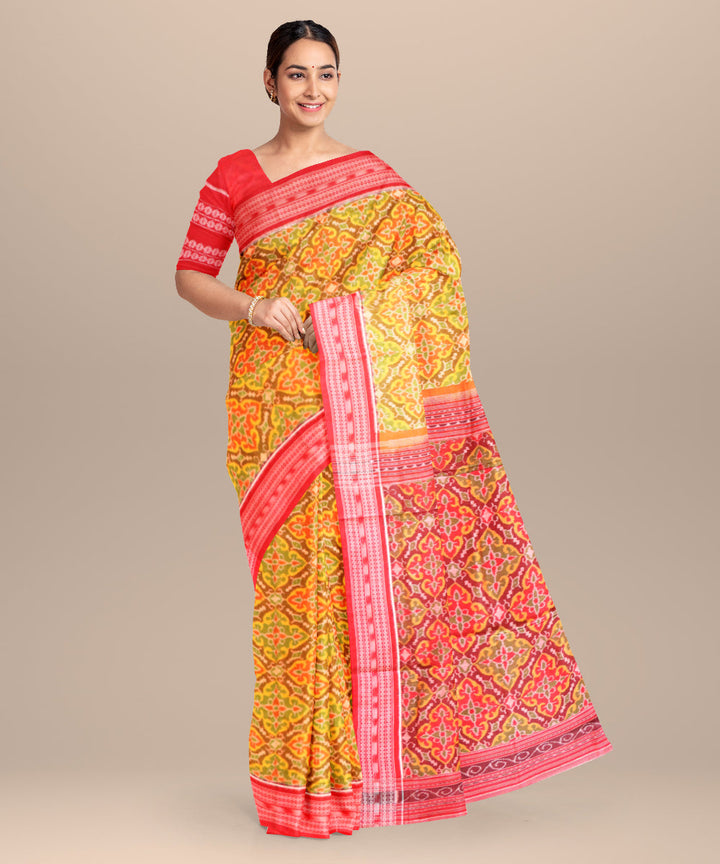 Multicolor dark red cotton handloom sambalpuri saree