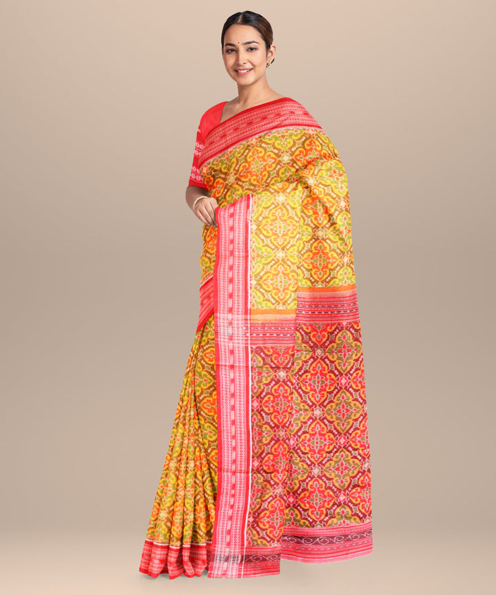 Multicolor dark red cotton handloom sambalpuri saree