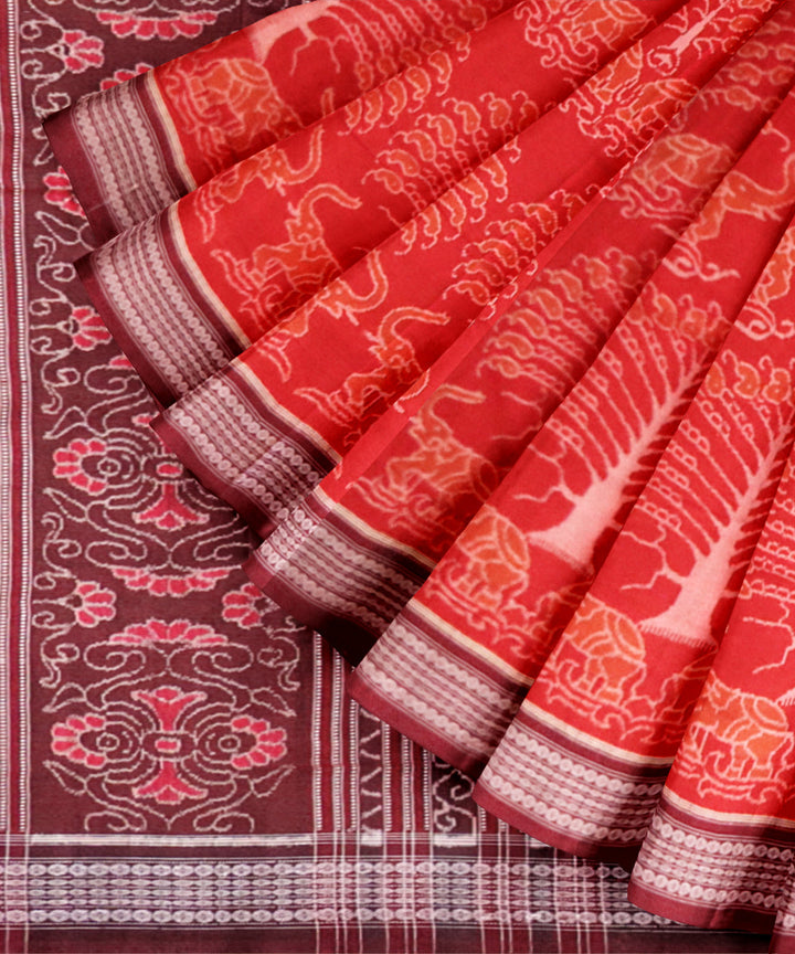Dark pastel red dark scarlet cotton handloom sambalpuri saree