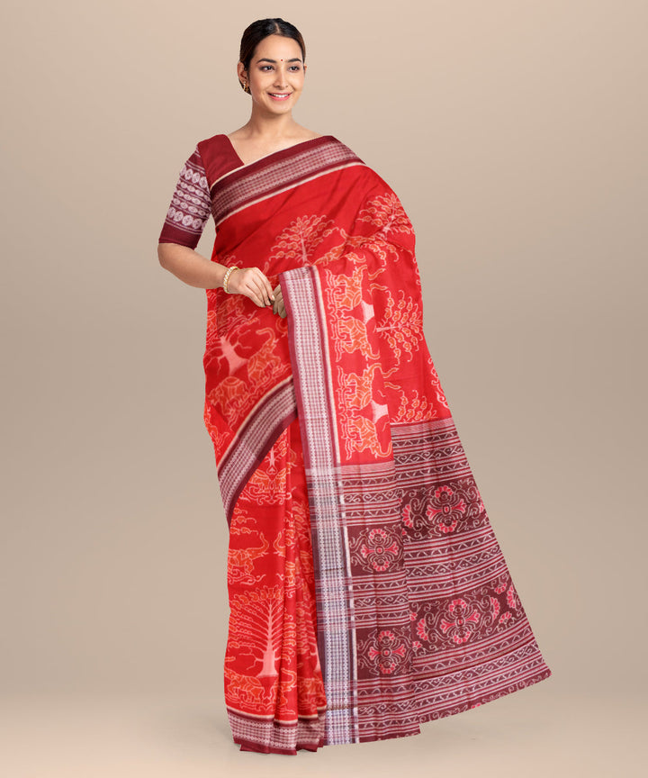 Dark pastel red dark scarlet cotton handloom sambalpuri saree