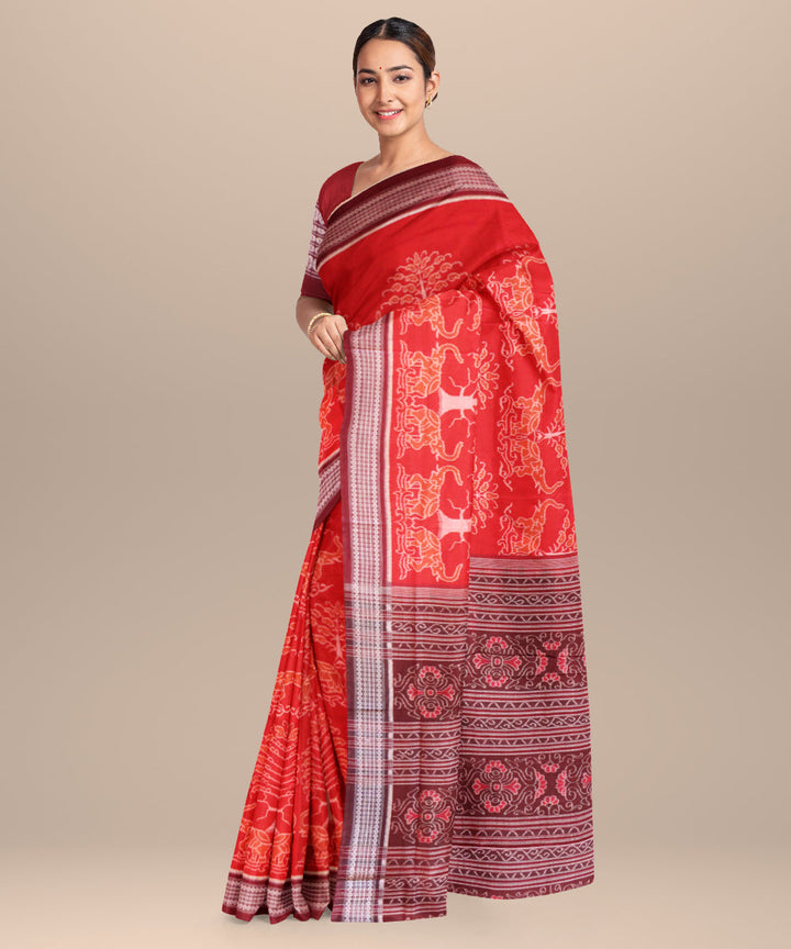 Dark pastel red dark scarlet cotton handloom sambalpuri saree