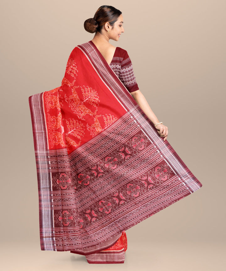 Dark pastel red dark scarlet cotton handloom sambalpuri saree