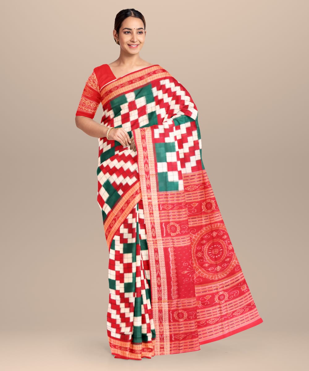 White green red cotton handloom sambalpuri saree