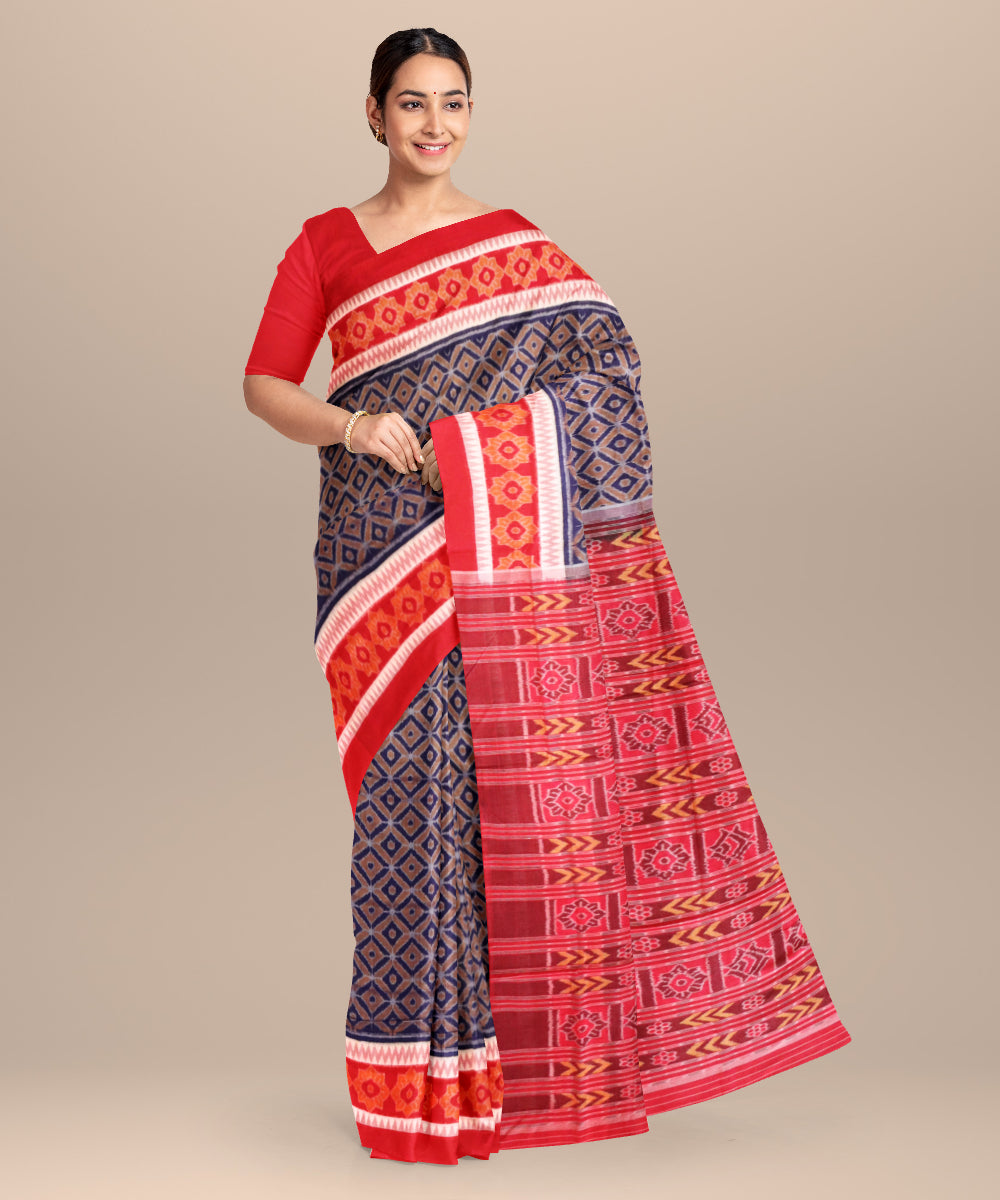 Catalina Blue dark red cotton handloom sambalpuri saree