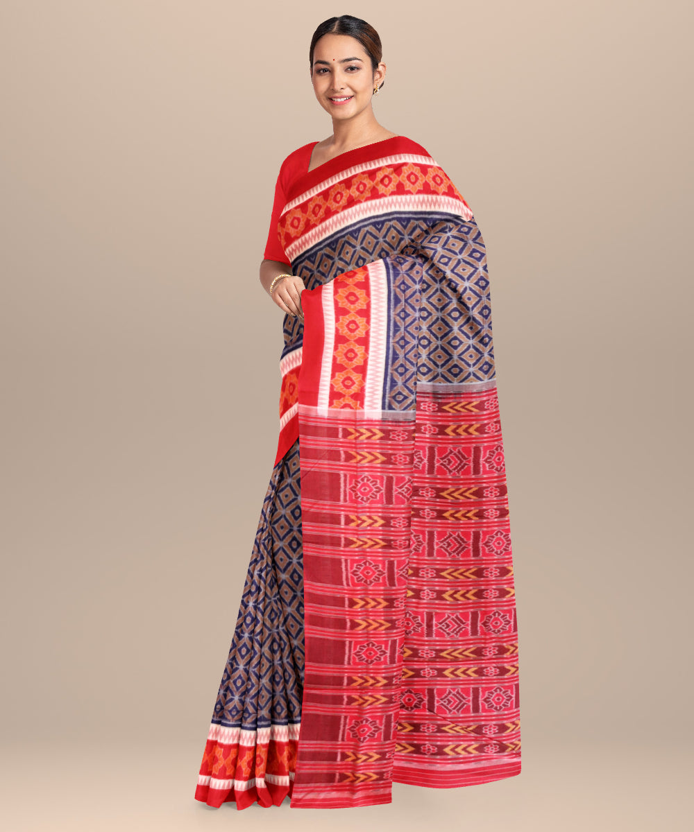 Catalina Blue dark red cotton handloom sambalpuri saree