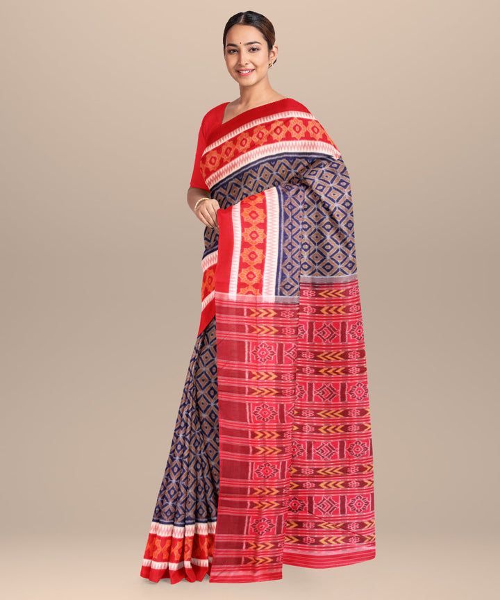 Catalina Blue dark red cotton handloom sambalpuri saree