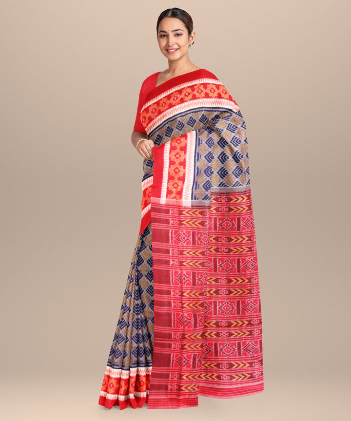 Ceil blue red cotton handloom sambalpuri saree
