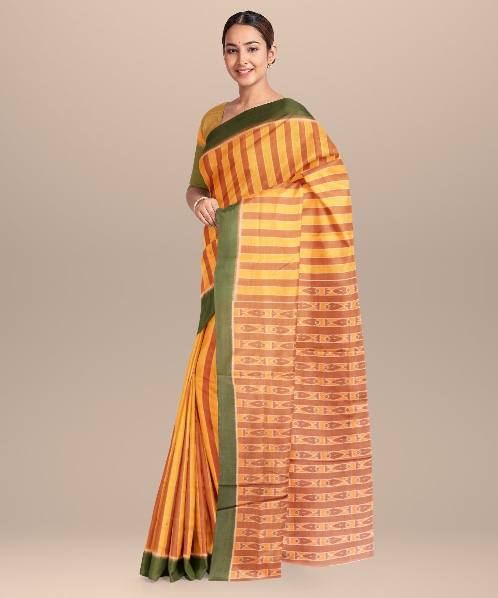 Dark brown dark goldenrod cotton handloom nuapatna saree