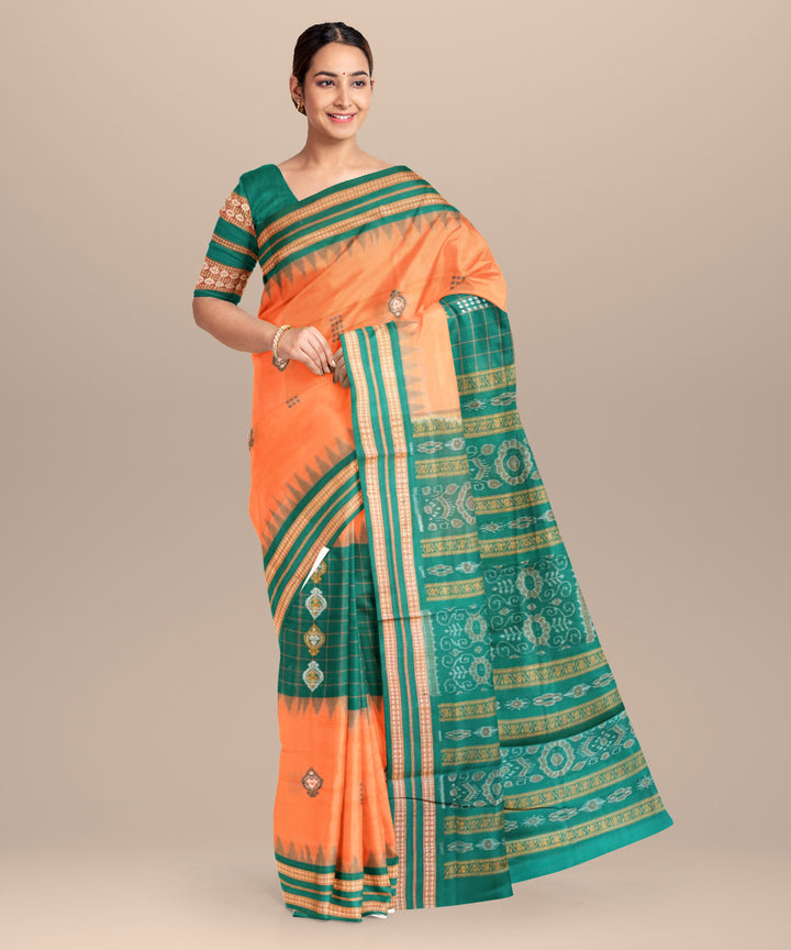 Pale copper deep jungle green cotton handloom bomkai saree