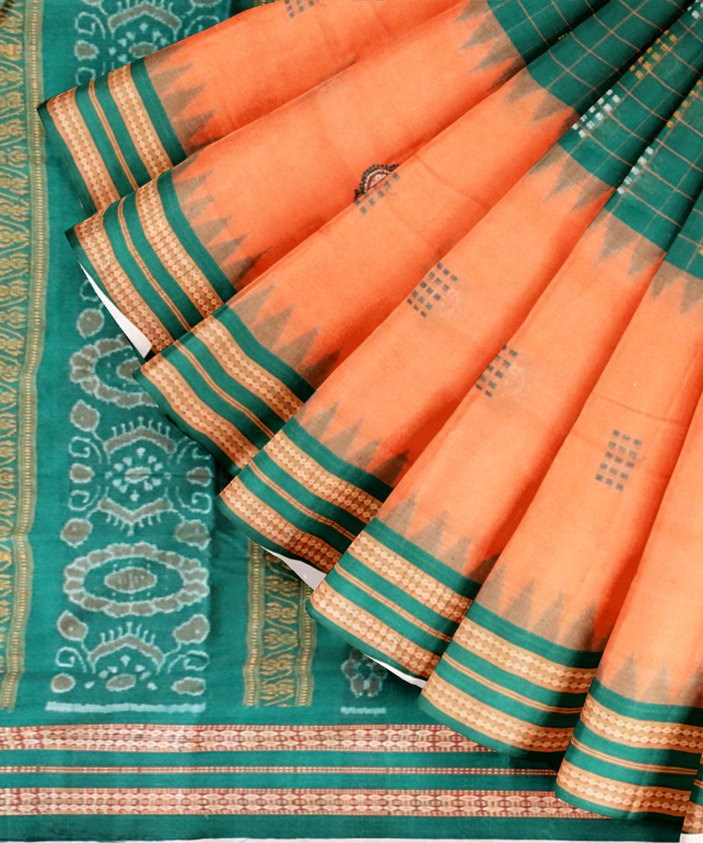 Pale copper deep jungle green cotton handloom bomkai saree