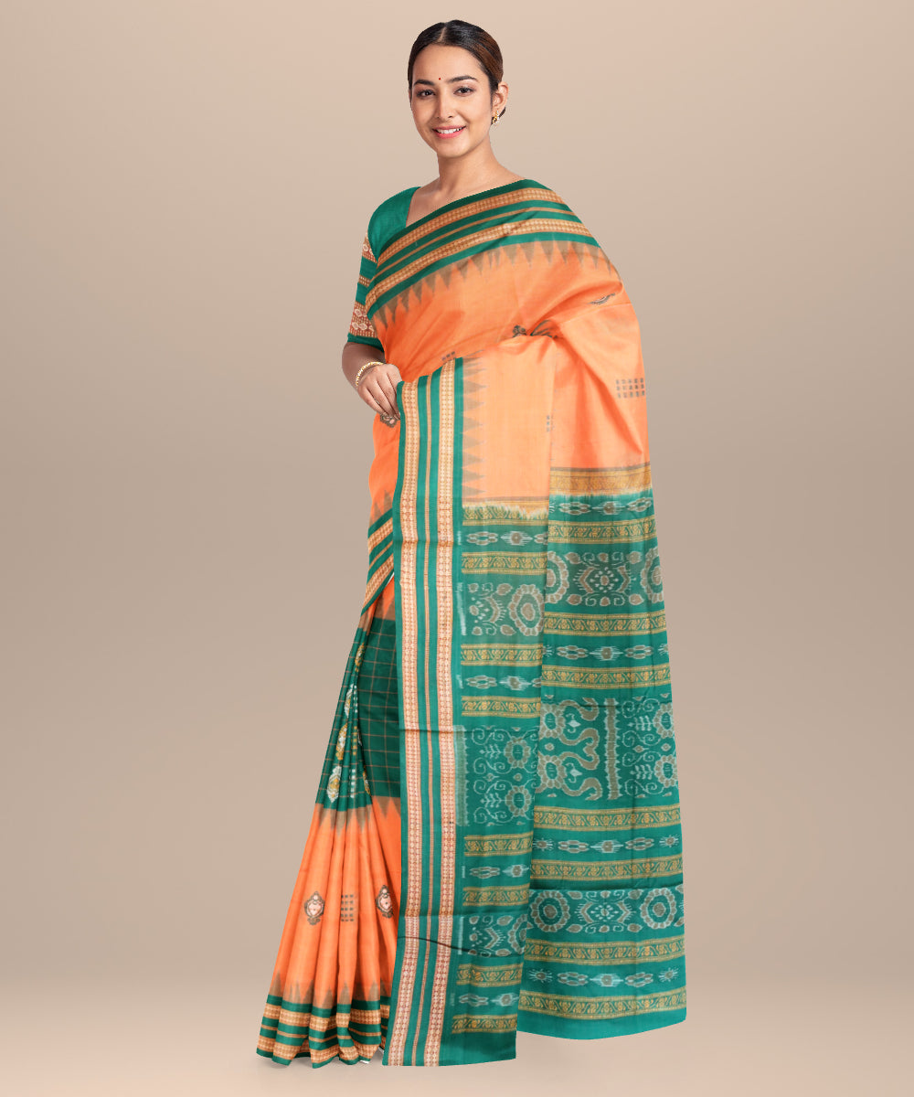 Pale copper deep jungle green cotton handloom bomkai saree