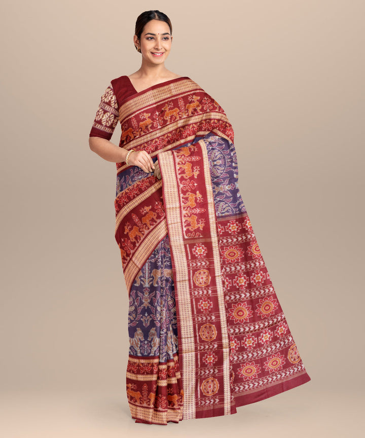 Cyber grape blue dark scarlet cotton handloom sambalpuri saree