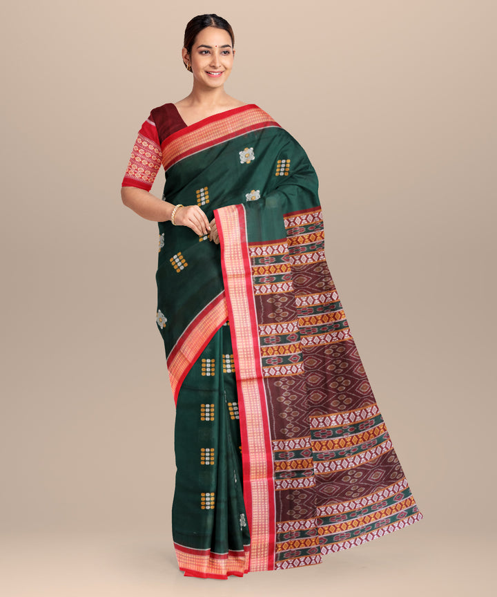 Dark green red cotton handloom patli bomkai saree