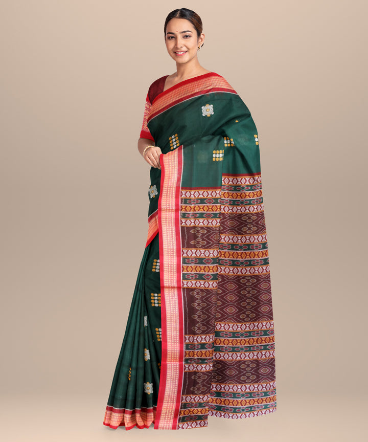 Dark green red cotton handloom patli bomkai saree