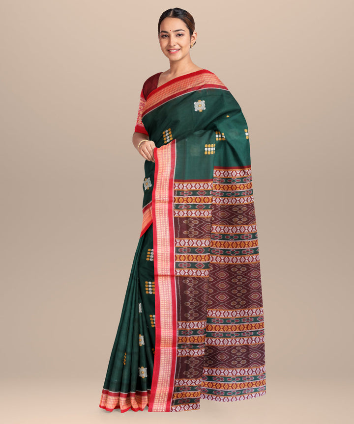 Dark green red cotton handloom patli bomkai saree