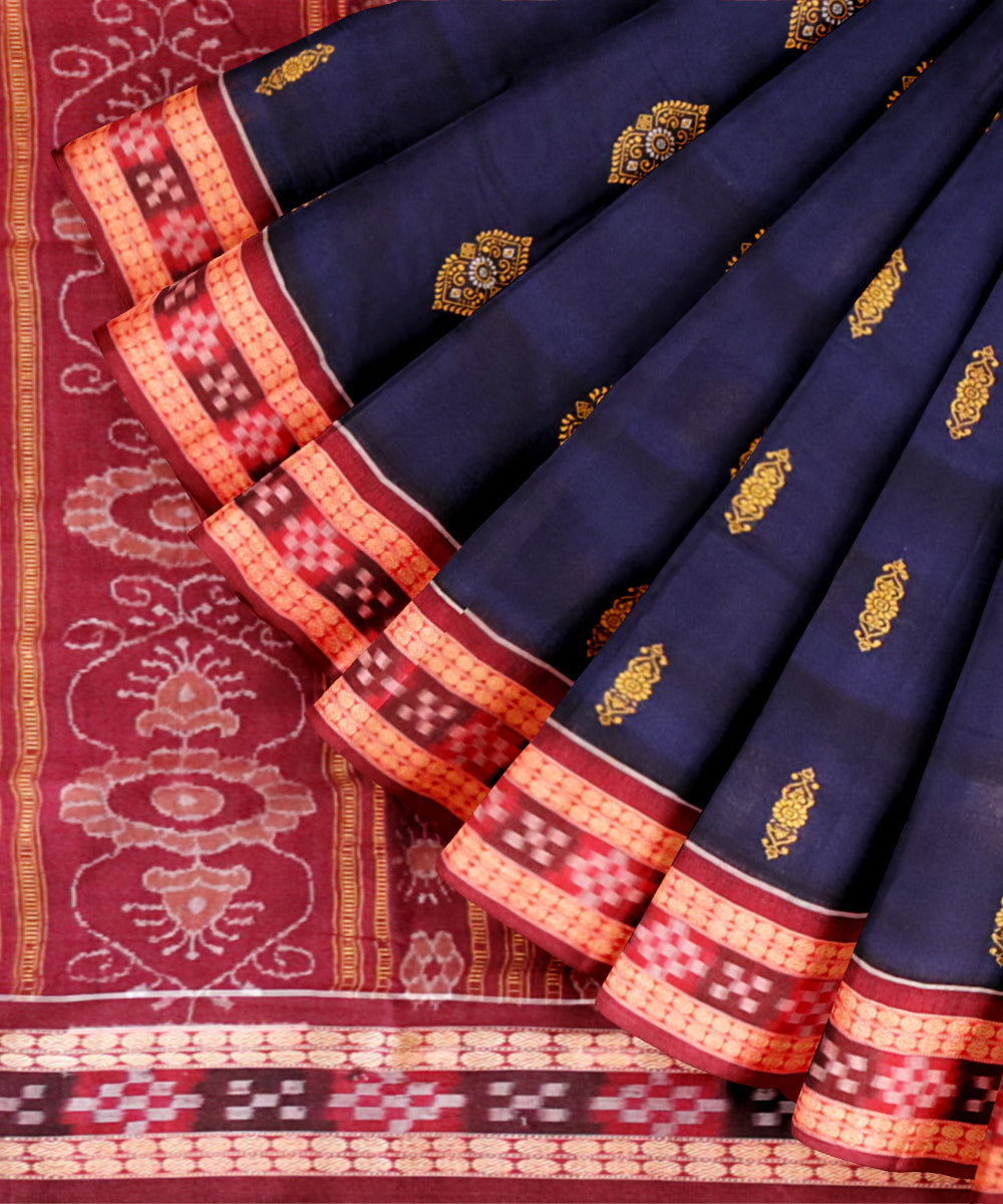 Dark blue catawba cotton handloom bomkai saree