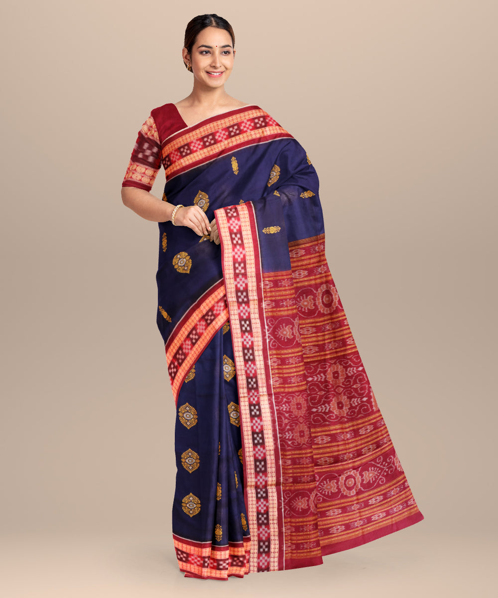 Dark blue catawba cotton handloom bomkai saree