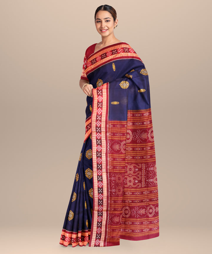 Dark blue catawba cotton handloom bomkai saree