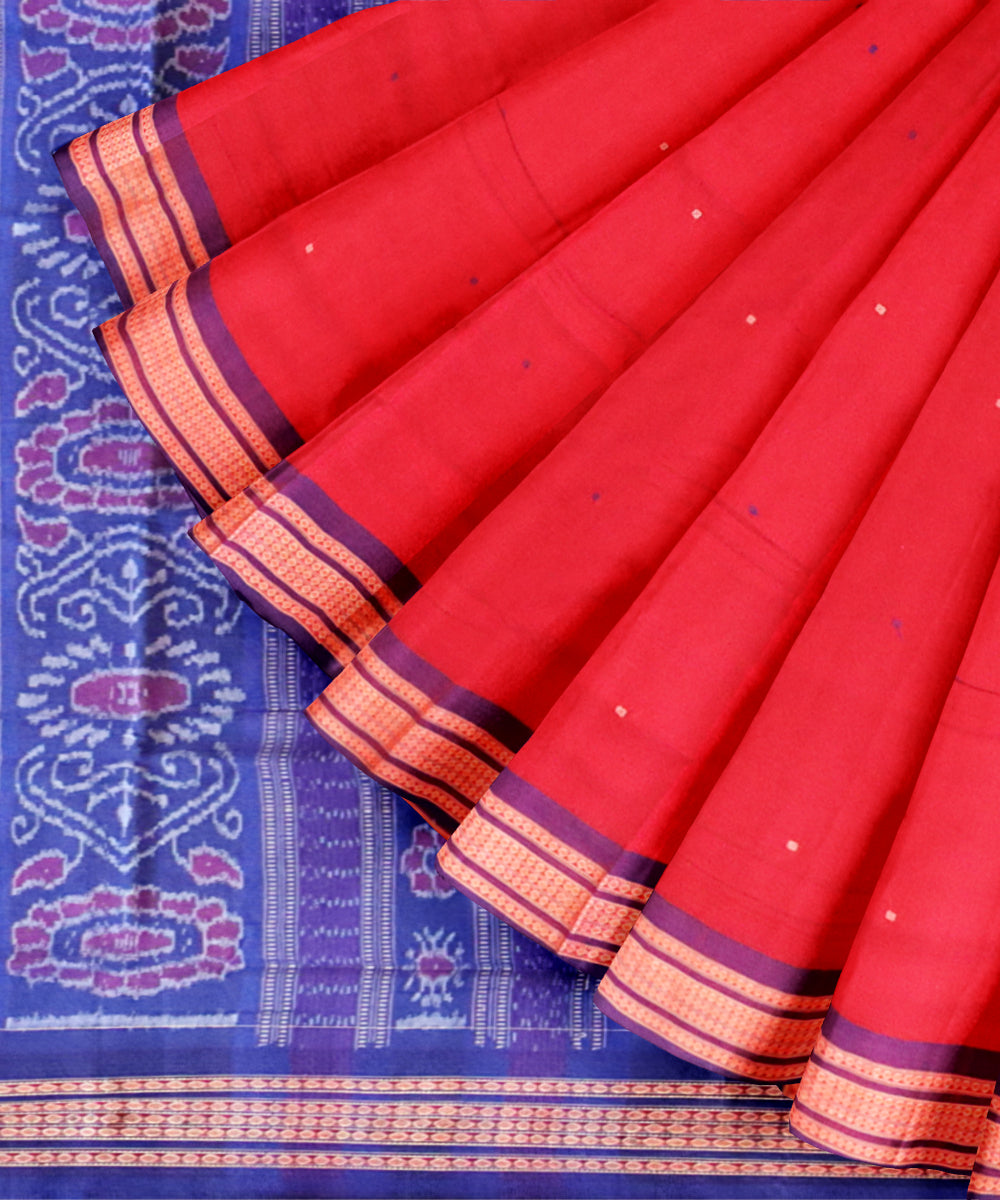 Deep carrot orange dark slate blue cotton handloom bomkai saree