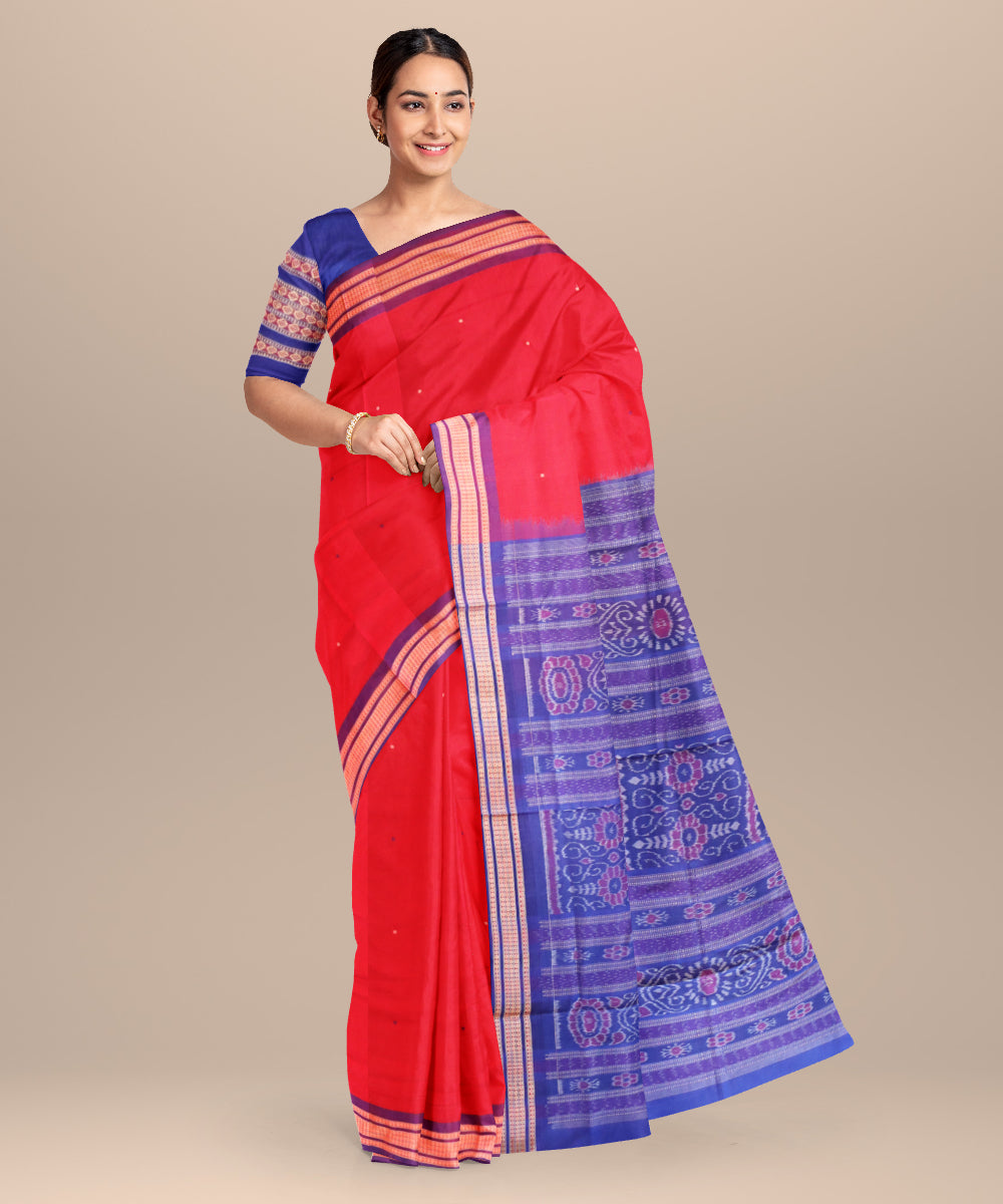 Deep carrot orange dark slate blue cotton handloom bomkai saree