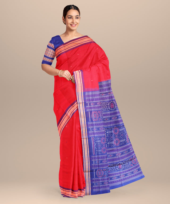 Deep carrot orange dark slate blue cotton handloom bomkai saree