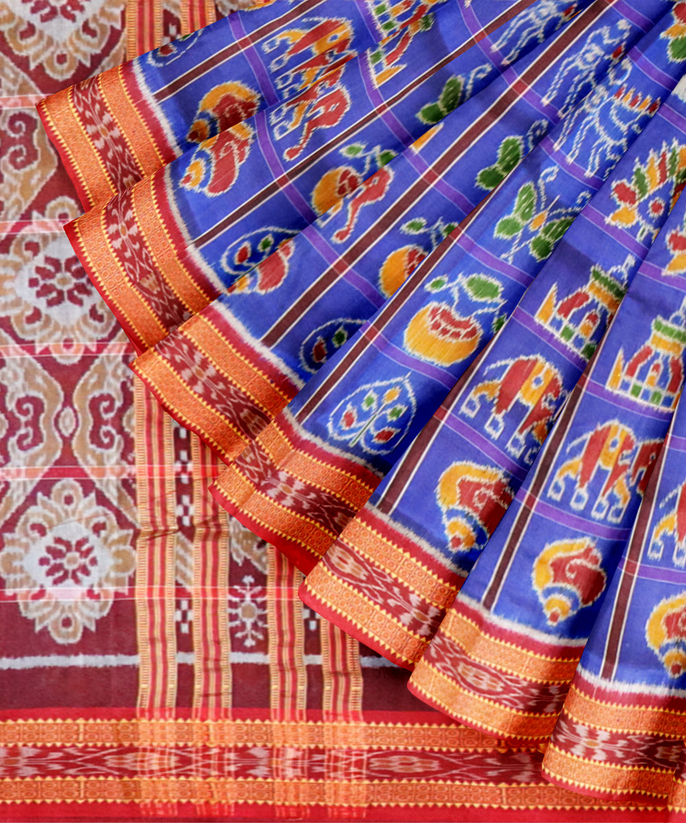 Blue bonnet bright maroon silk handloom khandua saree