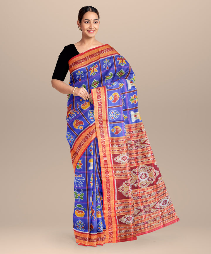 Blue bonnet bright maroon silk handloom khandua saree