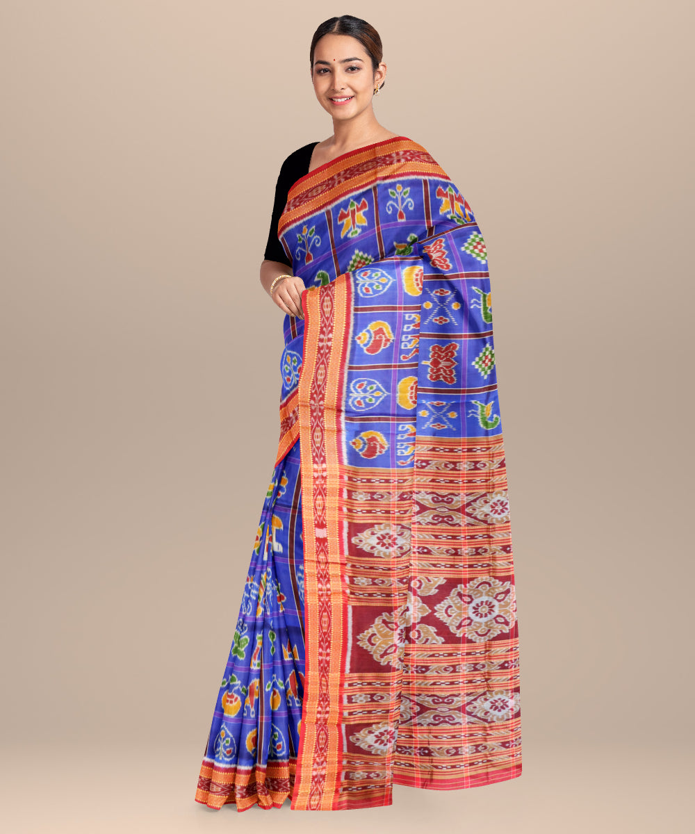 Blue bonnet bright maroon silk handloom khandua saree