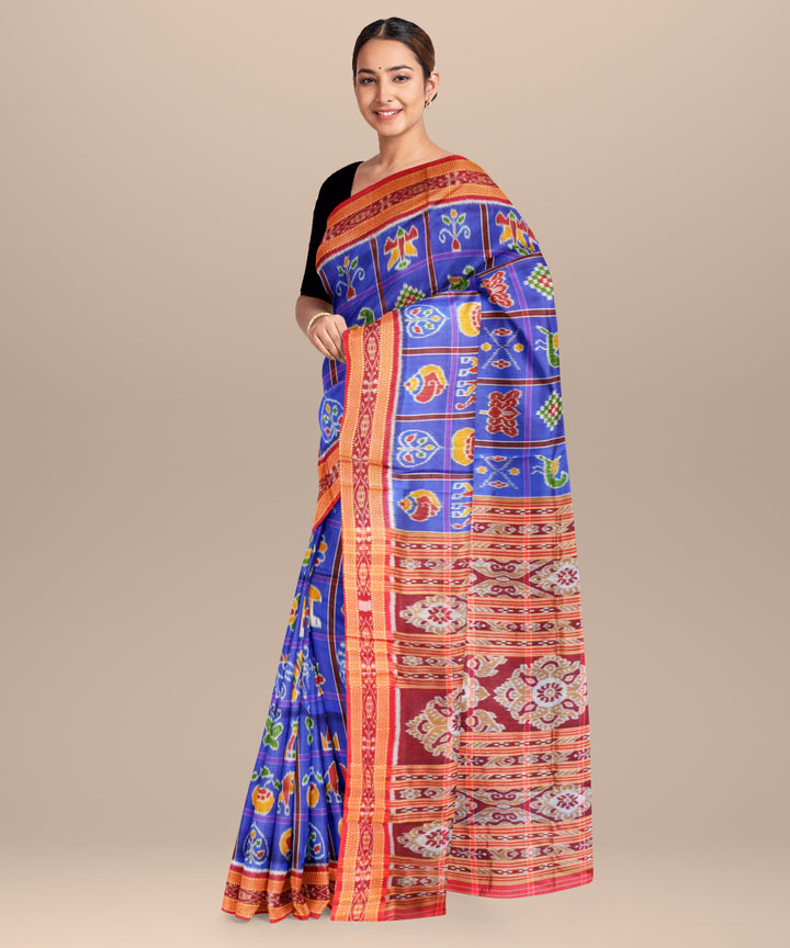 Blue bonnet bright maroon silk handloom khandua saree