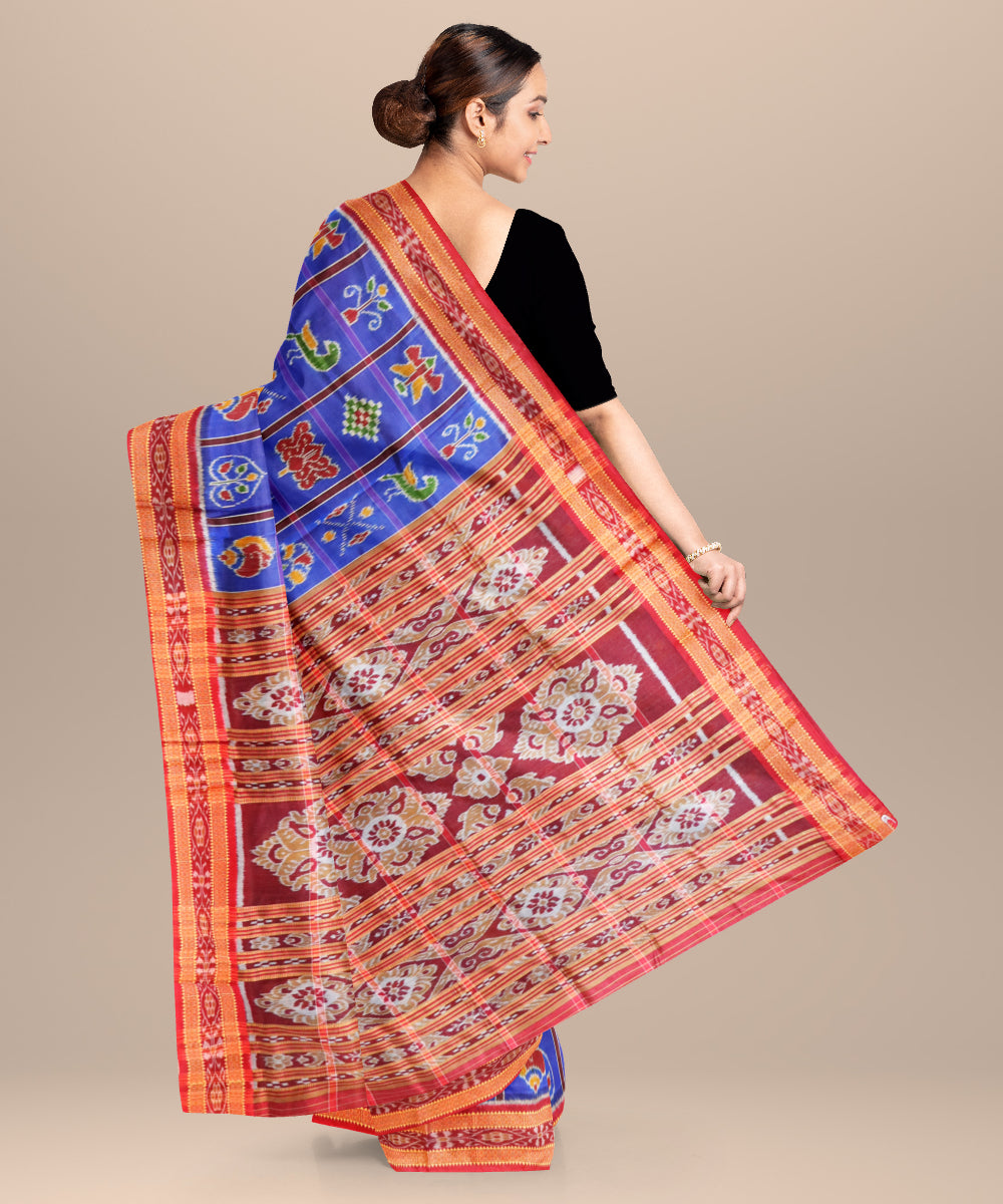 Blue bonnet bright maroon silk handloom khandua saree