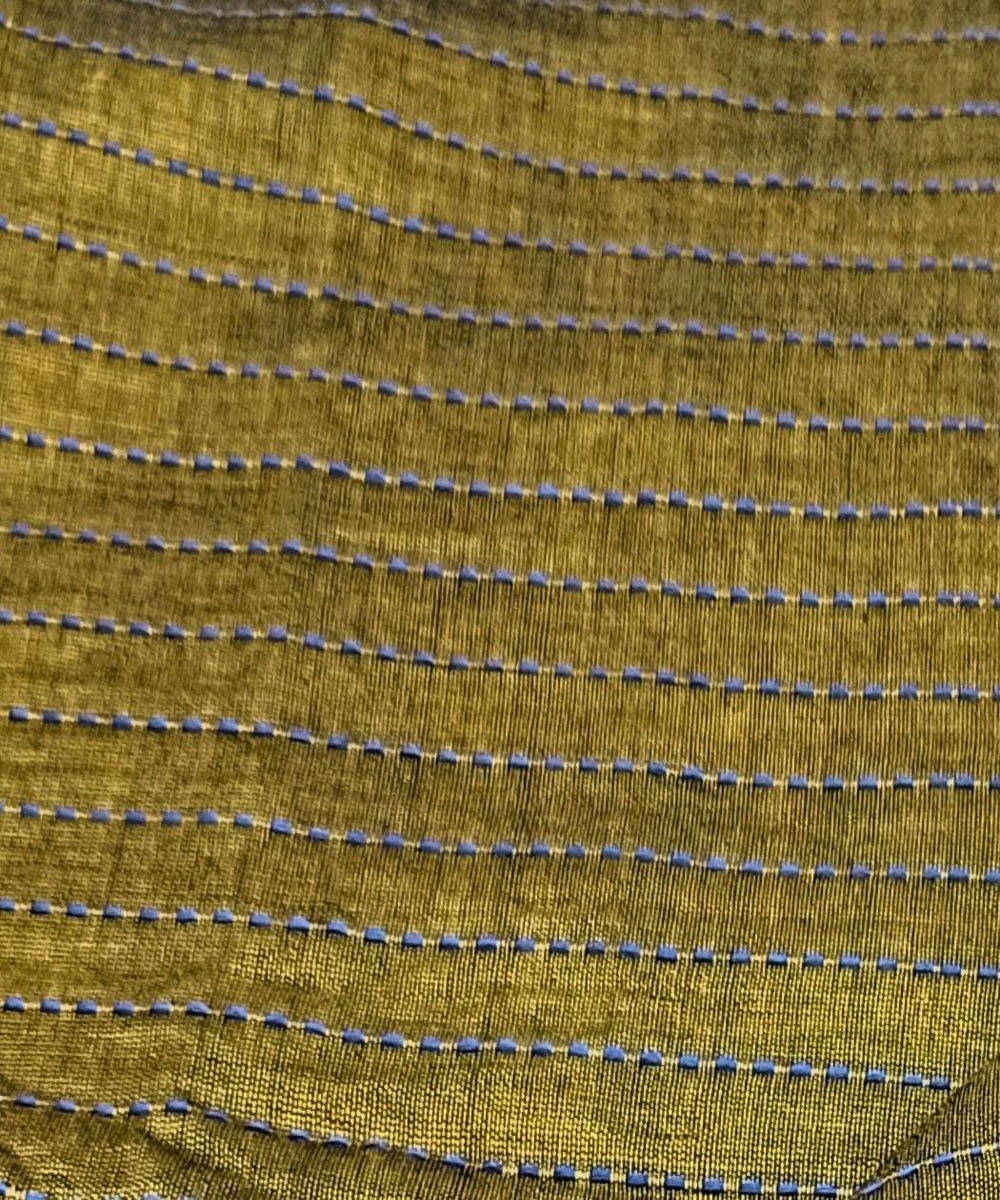 Olive green rust border handwoven cotton khadi fabric