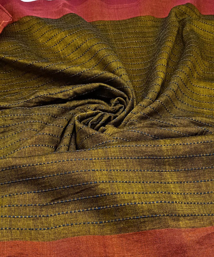Olive green rust border handwoven cotton khadi fabric
