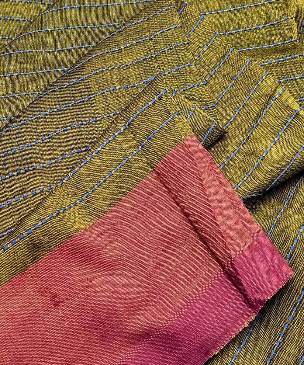 Olive green rust border handwoven cotton khadi fabric