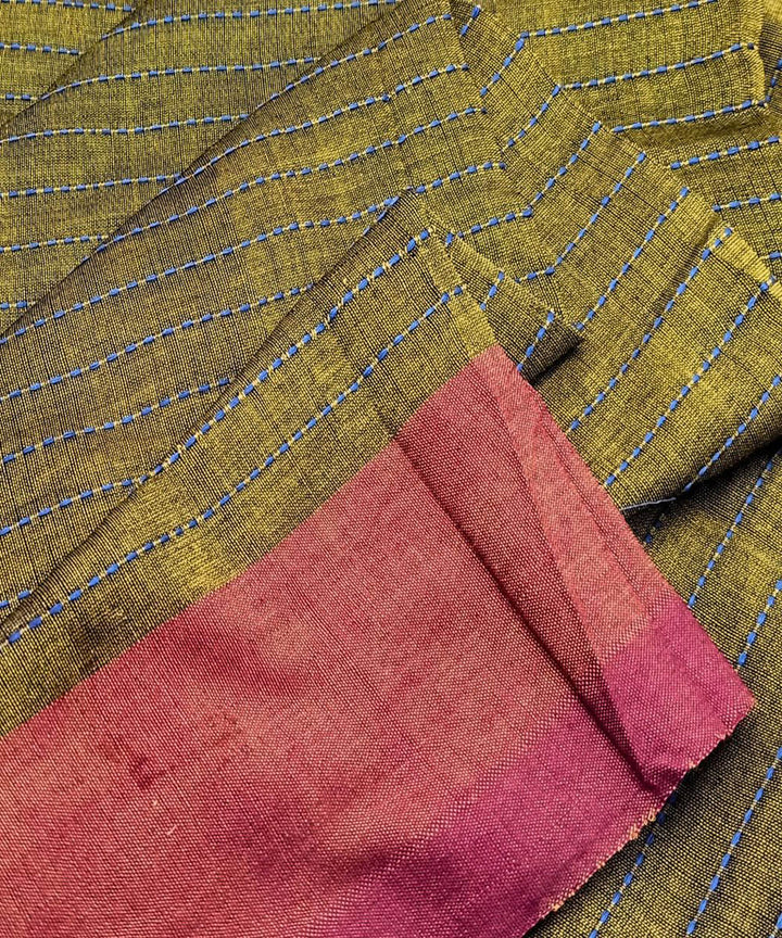 Olive green rust border handwoven cotton khadi fabric