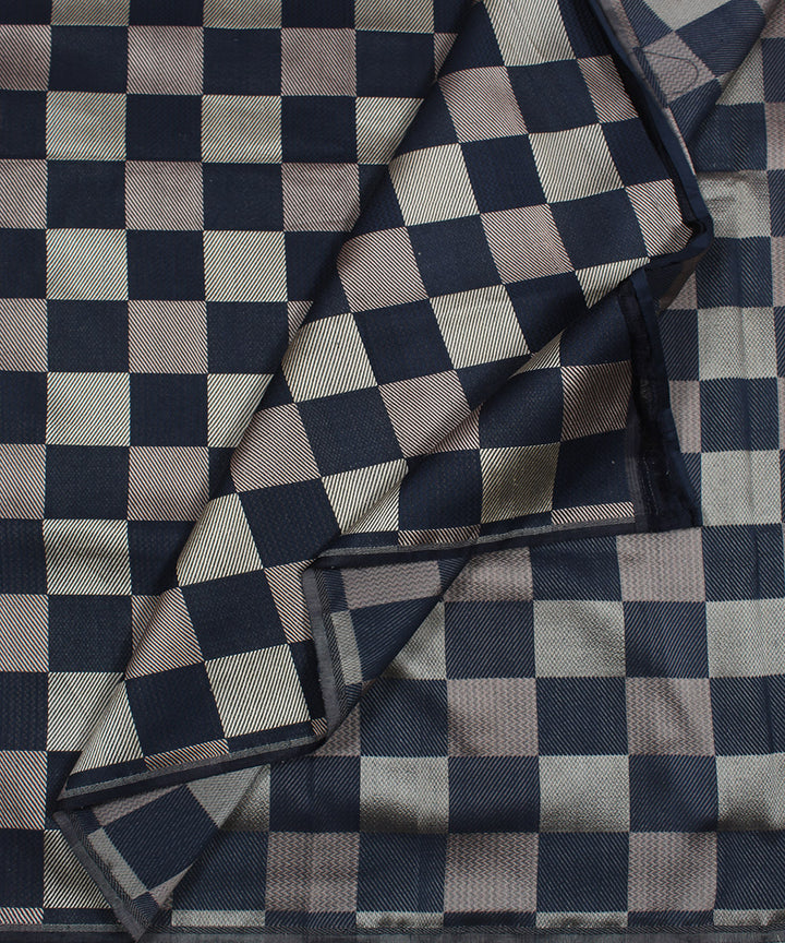 Navy blue grey check brocade silk banarasi fabric