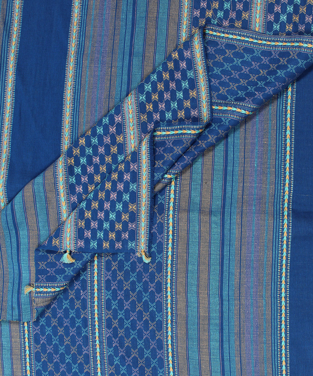 Navy blue striped extra weft linen bhuj fabric
