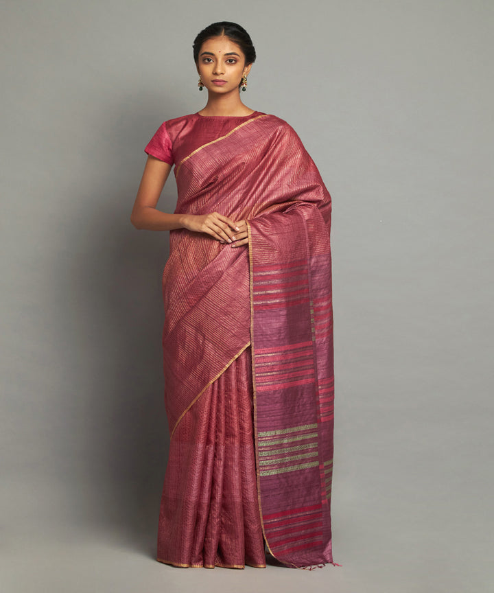 Maroon zari tussar silk hand woven chhattisgarh kosa saree