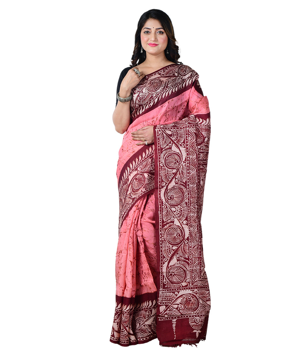 Pink maroon batik print handprinted silk saree