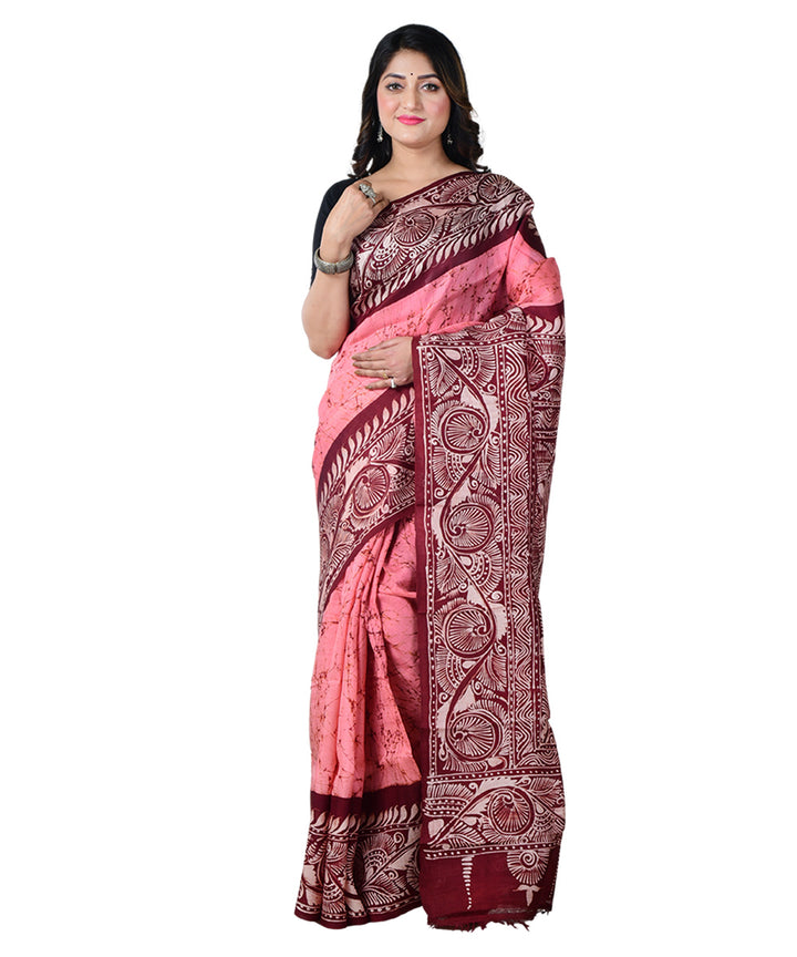 Pink maroon batik print handprinted silk saree