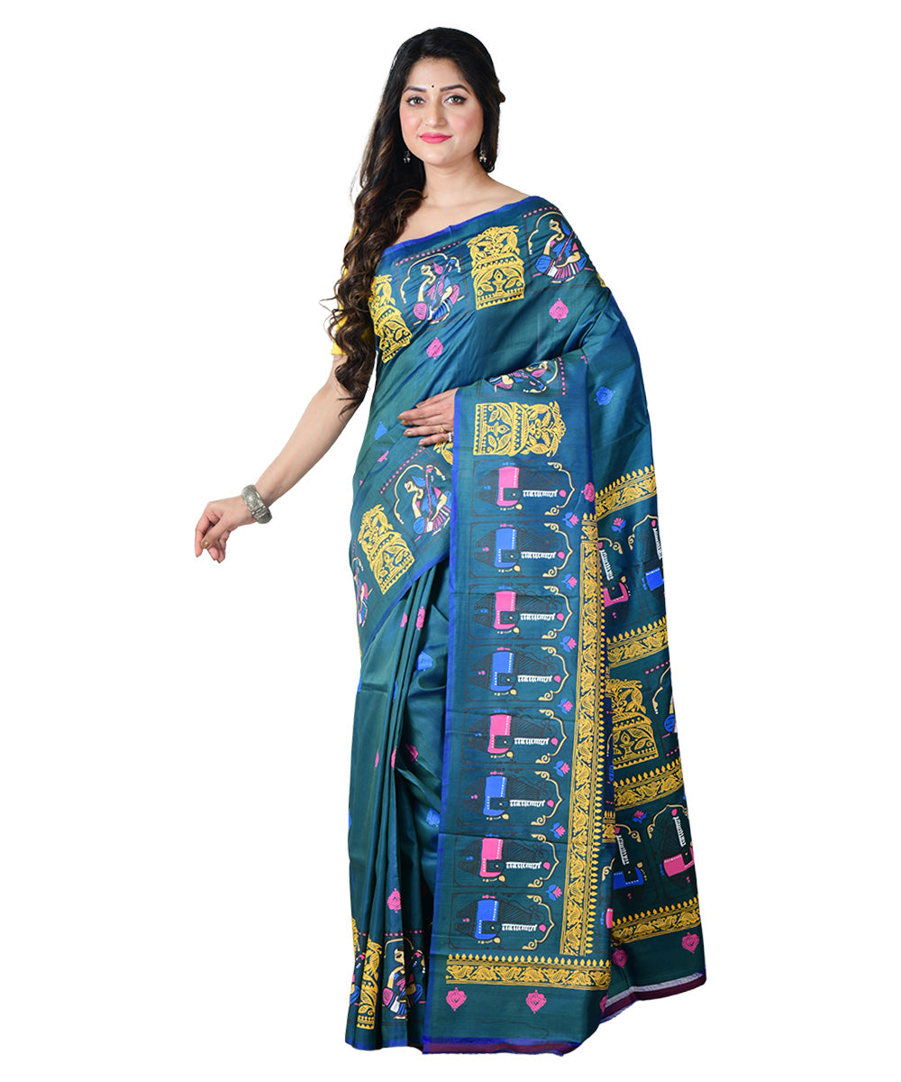 Turquoise multicolor block print handprinted silk saree