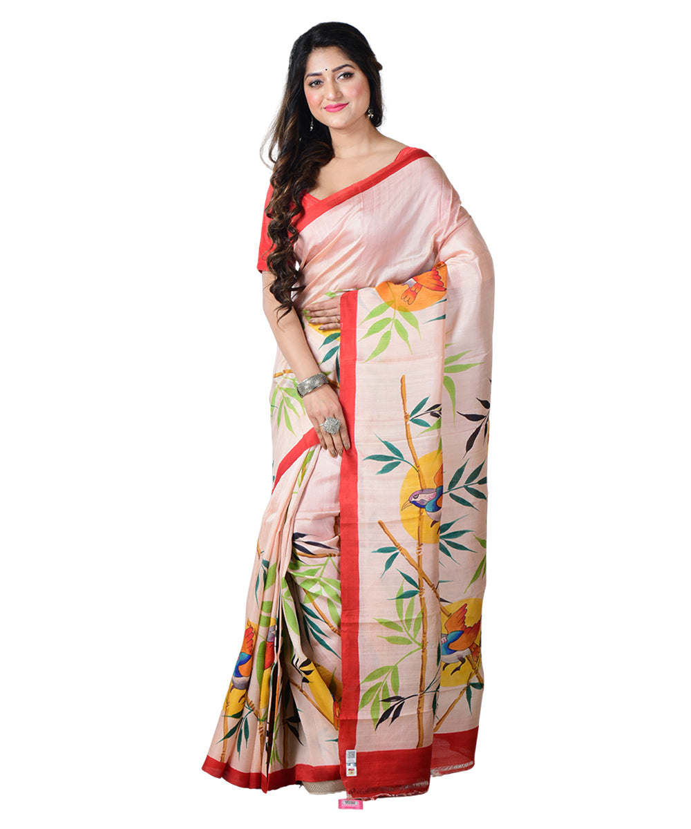 Beige multicolor  hand painted silk saree