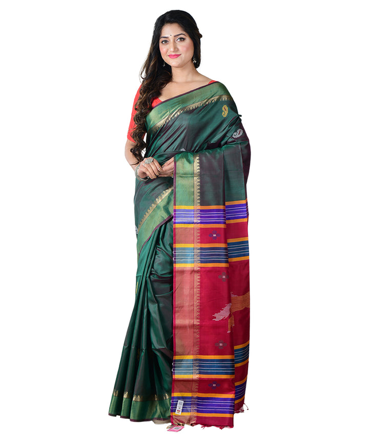 Dark green multicolor  handwoven silk saree