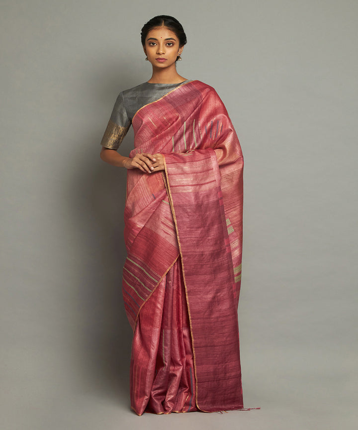 Red checkered tussar silk hand woven chhattisgarh kosa saree
