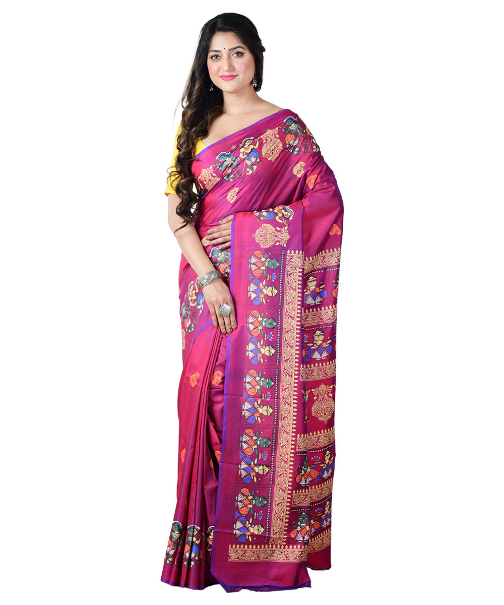 Pink multicolor block print handprinted silk saree