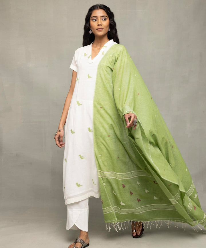 Ivory sage green bird motif jamdani kurta set with dupatta